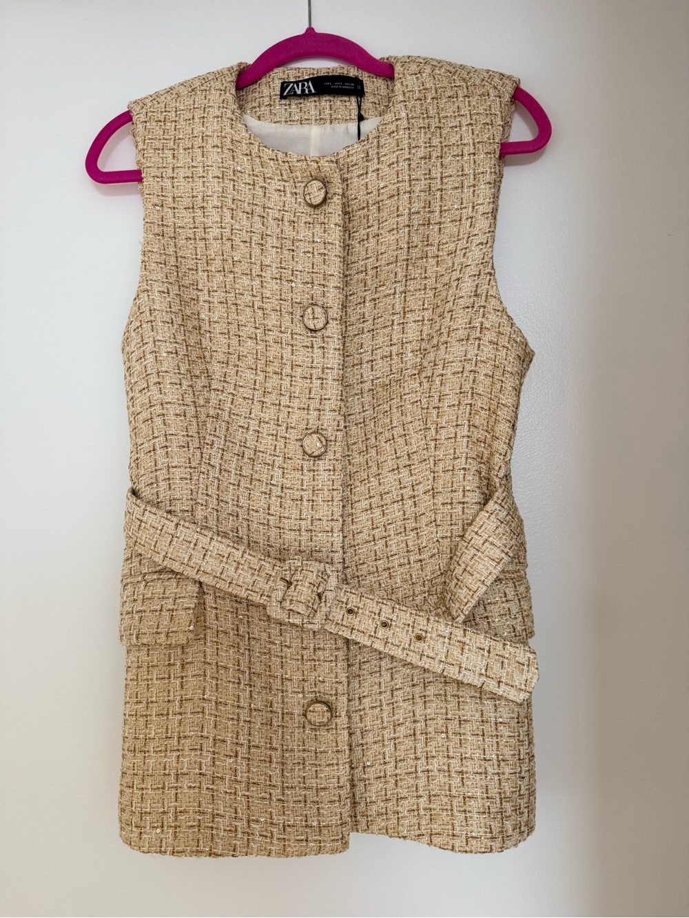 Zara Beige Tweed Belted Sleeveless Coat